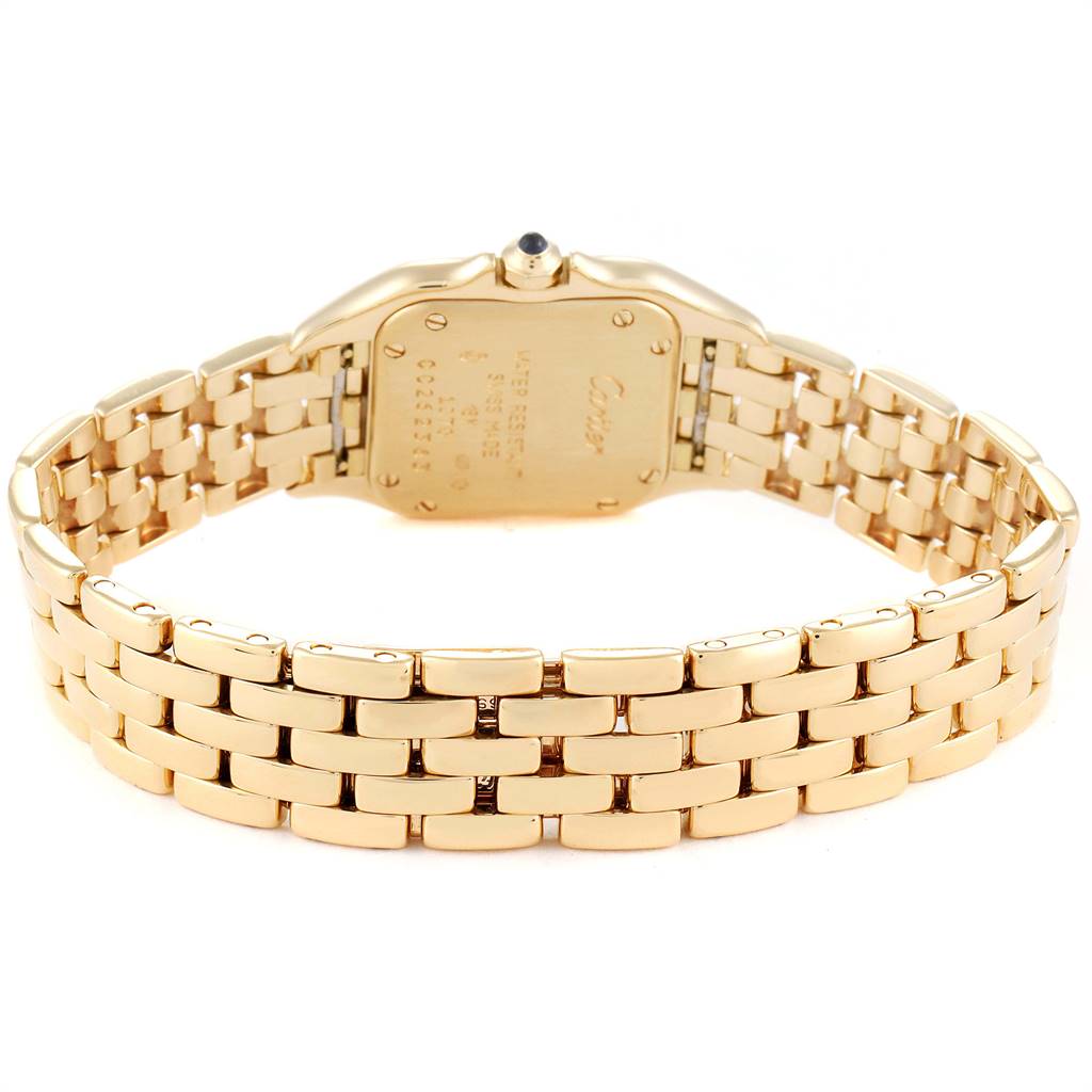 The image shows the back view of a Cartier Panthere W25022B9 Women's Yellow Gold Silver Dial W25022B9 Women's Yellow Gold Silver Dial model watch, highlighting its gold bracelet and case back.