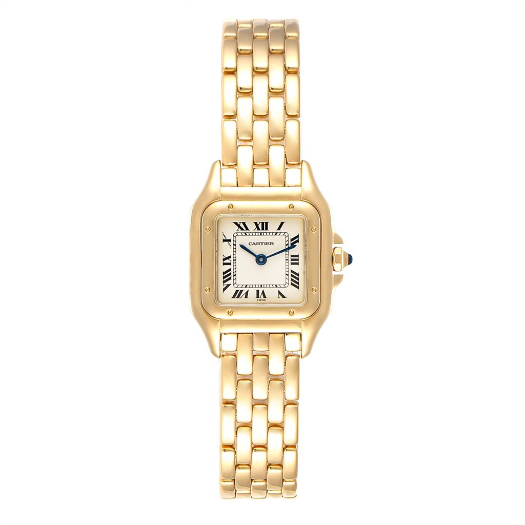 The image shows a Cartier Panthere W25022B9 Women's Yellow Gold Silver Dial W25022B9 Women's Yellow Gold Silver Dial watch from a top-down angle, displaying the full face, case, and bracelet.