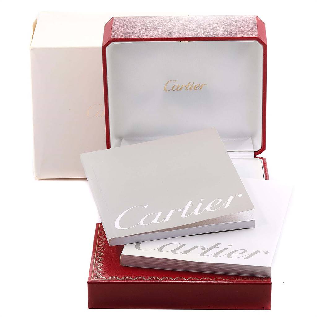 This image displays the open packaging and manuals for a Cartier Panthere W25022B9 Women's Yellow Gold Silver Dial W25022B9 Women's Yellow Gold Silver Dial model watch.