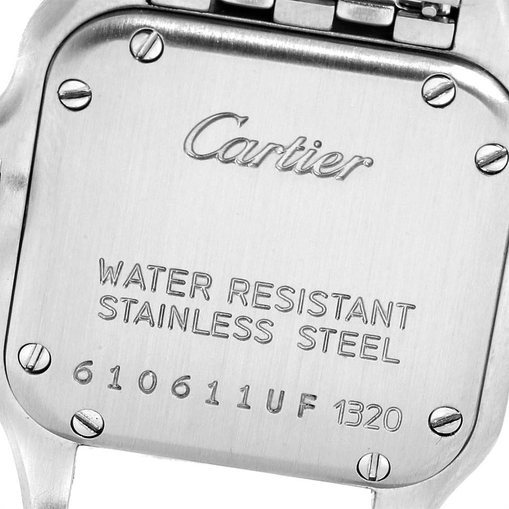 The image shows the back of a Cartier Panthere W25033P5 Women
s Stainless Steel Silver Dial W25033P5 Women
s Stainless Steel Silver Dial watch case, displaying its water resistance, material, and serial number.