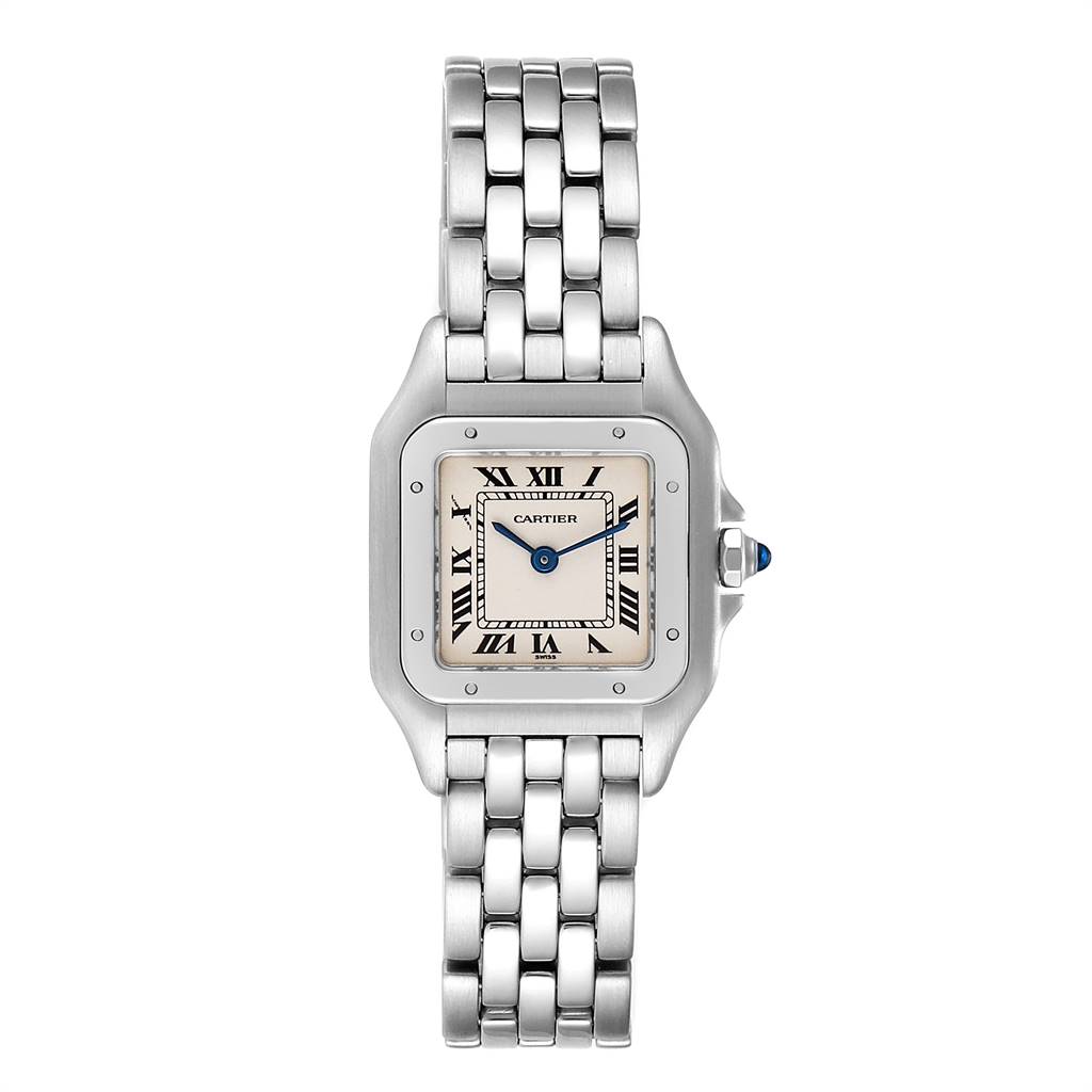 The image shows a frontal view of the Cartier Panthere W25033P5 Women
s Stainless Steel Silver Dial W25033P5 Women
s Stainless Steel Silver Dial model watch with a metal link bracelet and Roman numeral dial.