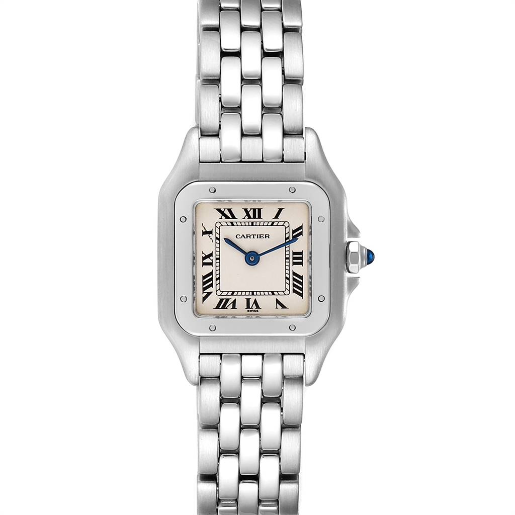 The image shows a front view of a Panthere model by Cartier, highlighting its square face, Roman numerals, and linked bracelet.