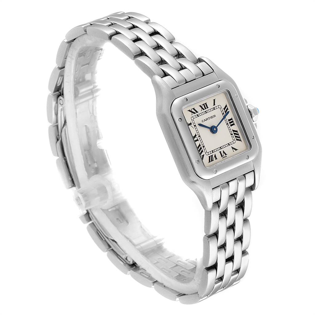 The image shows a Cartier Panthere W25033P5 Women
s Stainless Steel Silver Dial W25033P5 Women
s Stainless Steel Silver Dial model watch at a slight angle, showcasing the face, bracelet, and side view.