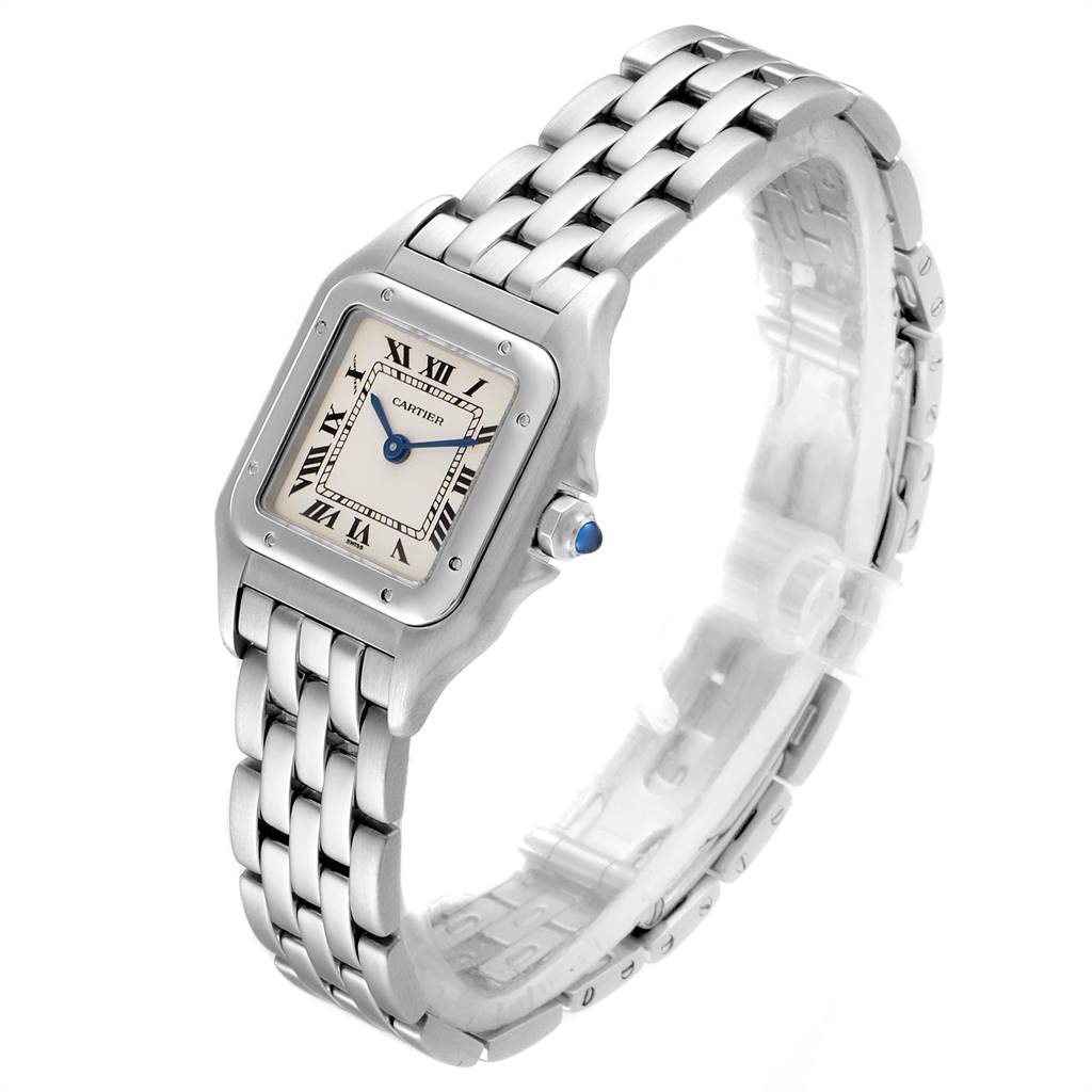 The image shows a Cartier Panthere W25033P5 Women
s Stainless Steel Silver Dial W25033P5 Women
s Stainless Steel Silver Dial watch angled to display the face, bezel, and bracelet.