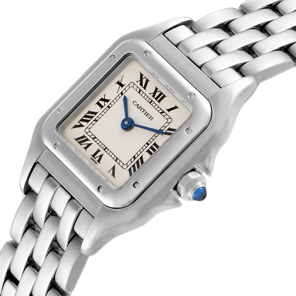 This image shows a close-up of the face and partial bracelet of the Cartier Panthere W25033P5 Women
s Stainless Steel Silver Dial W25033P5 Women
s Stainless Steel Silver Dial watch, angled slightly to the right.