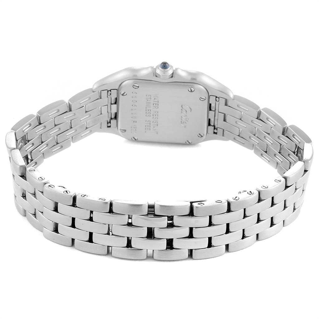 This image shows the back view of a Cartier Panthere W25033P5 Women
s Stainless Steel Silver Dial W25033P5 Women
s Stainless Steel Silver Dial watch, highlighting its stainless steel case and bracelet.