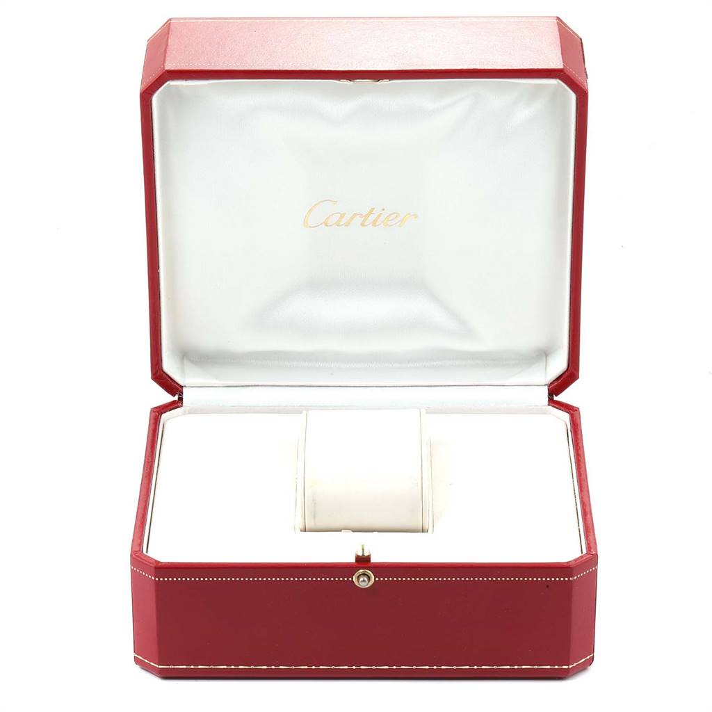 This image shows an open red Cartier watch box for the Panthere model, displaying its interior and watch cushion.