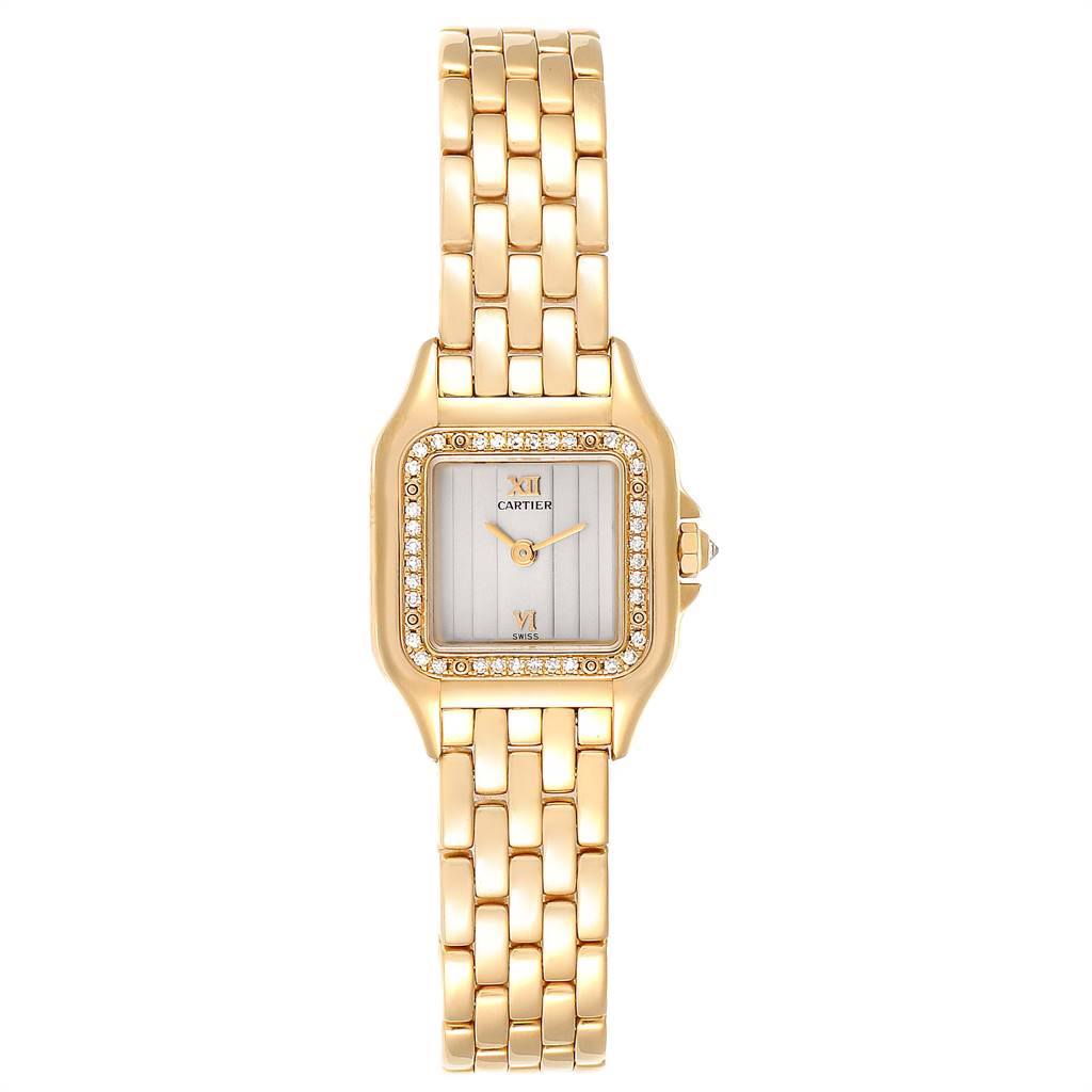 This image shows a front view of the Panthere de Cartier watch, highlighting its gold case, bracelet, and diamond bezel.