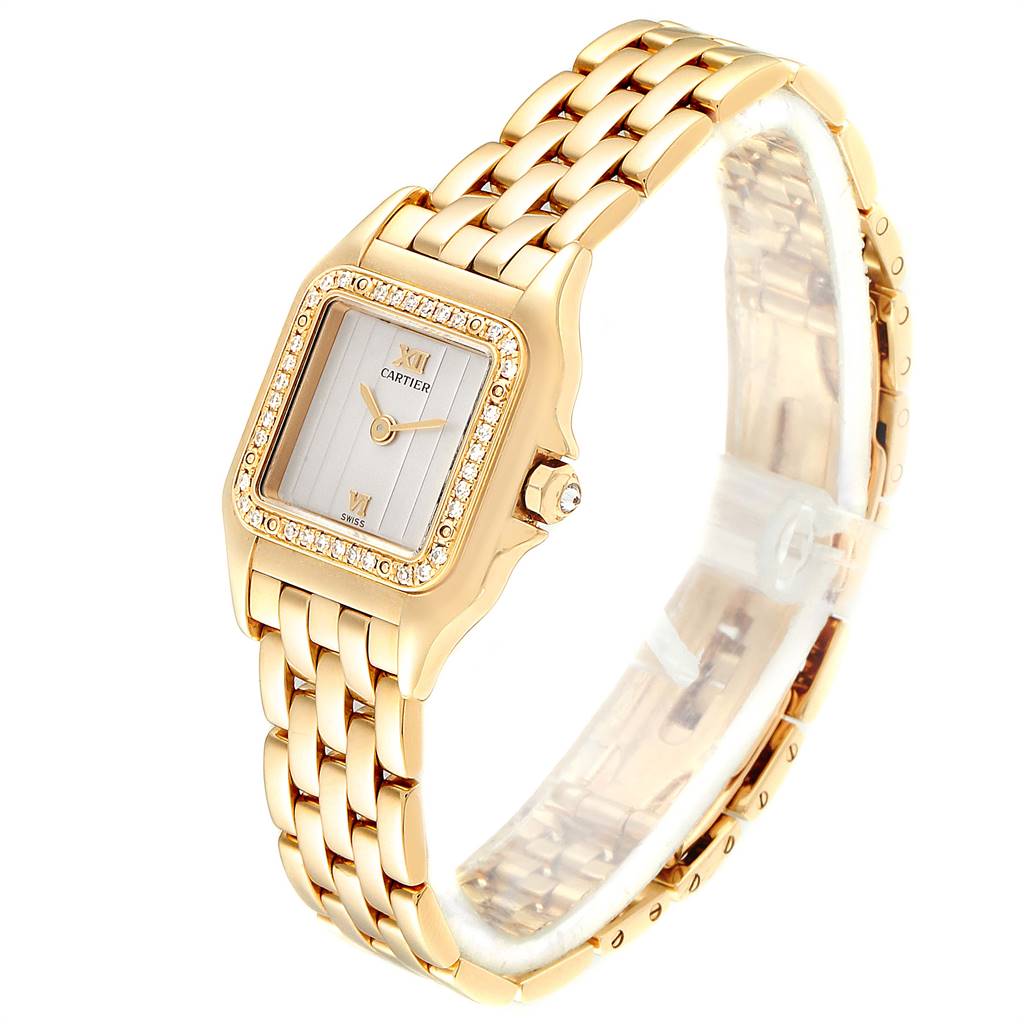 The image shows a Cartier Panthere WF3070B9 Women's Yellow Gold Silver Dial WF3070B9 Women's Yellow Gold Silver Dial watch from a three-quarter angle, highlighting its gold band and diamond-encrusted bezel.