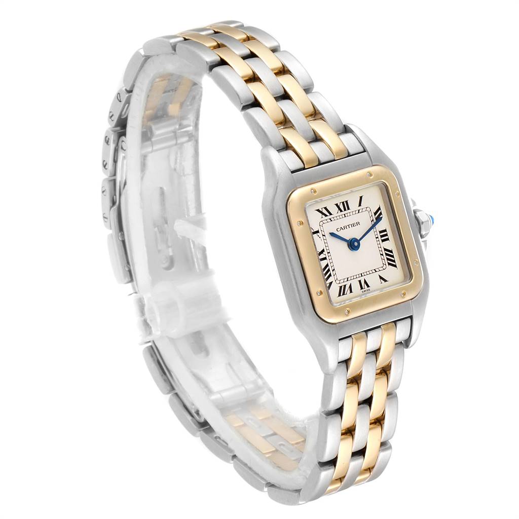 This Cartier Panthere W25029B6 Women
s Stainless Steel Silver Dial W25029B6 Women
s Stainless Steel Silver Dial watch photo shows a front-angle view highlighting its face, bezel, and dual-tone bracelet.