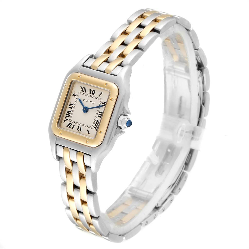 This Cartier Panthere W25029B6 Women
s Stainless Steel Silver Dial W25029B6 Women
s Stainless Steel Silver Dial watch is shown from a three-quarter angle displaying the face, bracelet, and crown.
