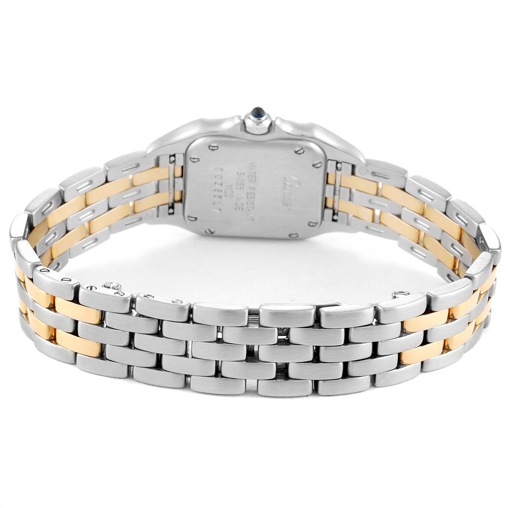 This image shows the back view of a Cartier Panthere W25029B6 Women
s Stainless Steel Silver Dial W25029B6 Women
s Stainless Steel Silver Dial model watch, highlighting its bimetallic bracelet and case back.