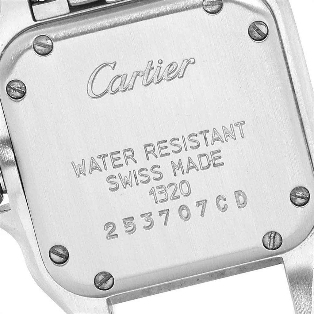 The image shows the back case of a Cartier Panthere W25033P5 Women
s Stainless Steel Silver Dial W25033P5 Women
s Stainless Steel Silver Dial watch with engravings and screws visible.