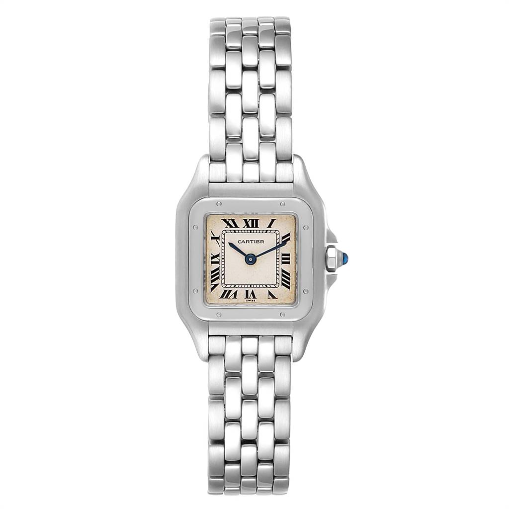 This is a front view of a Cartier Panthere W25033P5 Women
s Stainless Steel Silver Dial W25033P5 Women
s Stainless Steel Silver Dial model watch, showcasing its square face and linked metal bracelet.