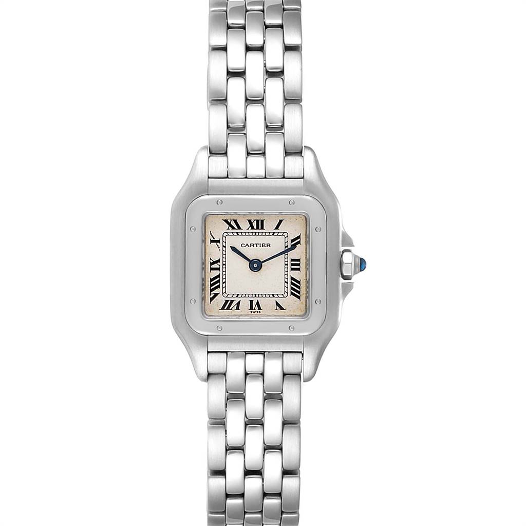 The image shows a Cartier Panthere W25033P5 Women
s Stainless Steel Silver Dial W25033P5 Women
s Stainless Steel Silver Dial watch, head-on, highlighting its face, Roman numerals, bezel, and metal bracelet.