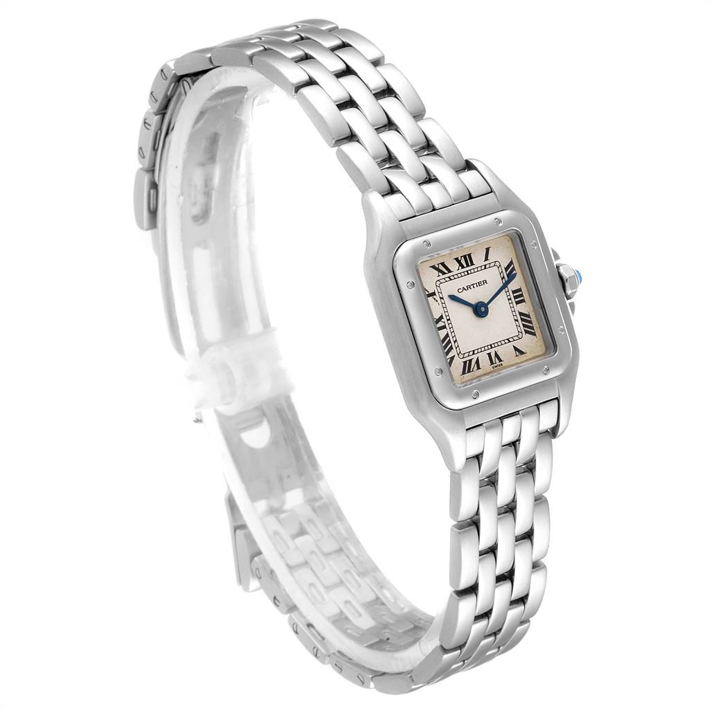 The image shows the front and side view of a Cartier Panthere W25033P5 Women
s Stainless Steel Silver Dial W25033P5 Women
s Stainless Steel Silver Dial watch, highlighting its bracelet, face, and bezel.