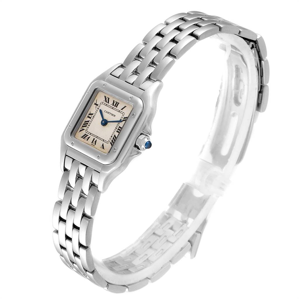 The Cartier Panthere W25033P5 Women
s Stainless Steel Silver Dial W25033P5 Women
s Stainless Steel Silver Dial model watch is shown at a slight angle, displaying its silver bracelet, square face, and blue cabochon crown.