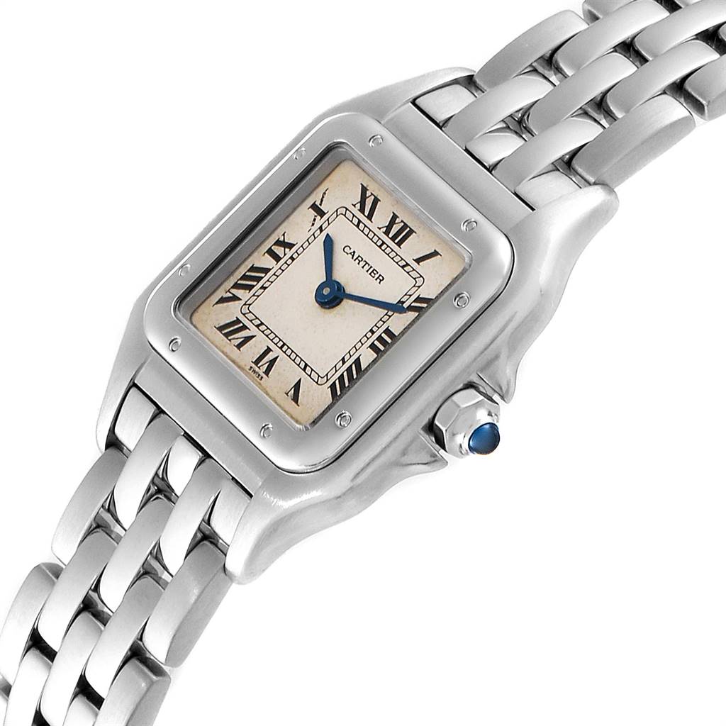 The image shows a Cartier Panthere W25033P5 Women
s Stainless Steel Silver Dial W25033P5 Women
s Stainless Steel Silver Dial watch at an angle displaying its face, Roman numeral dial, bracelet, and crown with a blue gem.