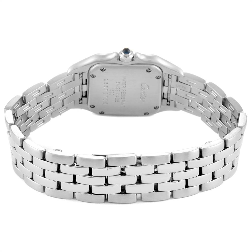 The image shows the back and bracelet of a Panthere model watch by Cartier, featuring a stainless steel case and bracelet links.