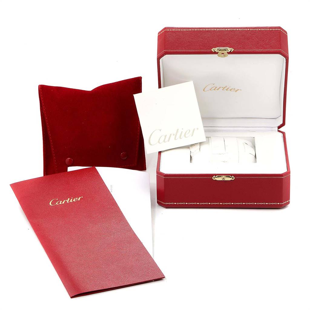 The image shows the packaging and accessories of a Cartier Panthere 107000M Women's Yellow Gold Silver Dial 107000M Women's Yellow Gold Silver Dial watch, including a red box, red pouch, and documents.