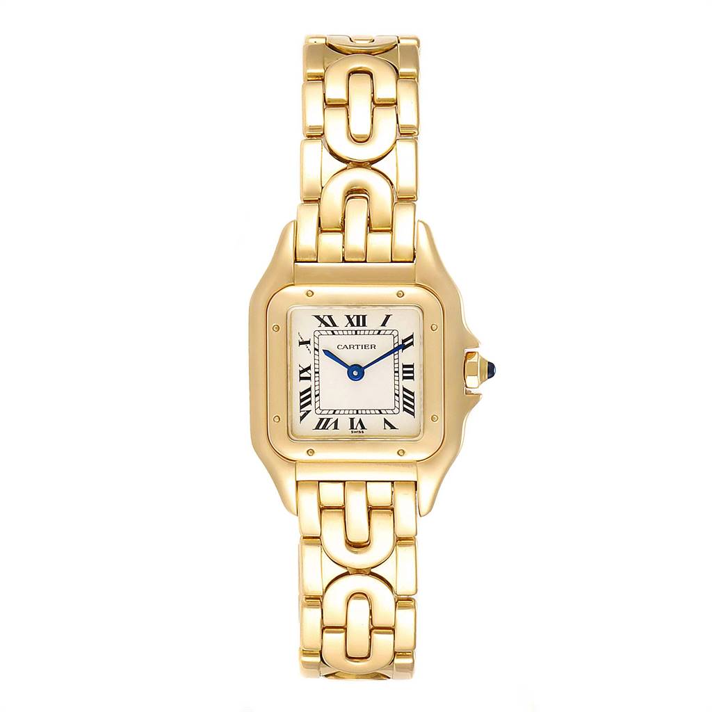 This image shows a front view of a Cartier Panthere 107000M Women's Yellow Gold Silver Dial 107000M Women's Yellow Gold Silver Dial watch, displaying its face and gold link bracelet.