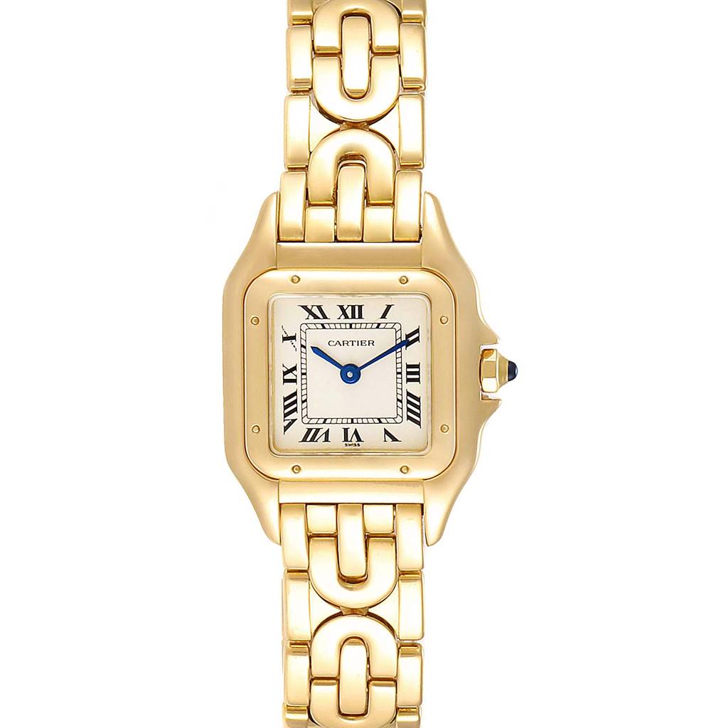 This image shows a front view of a Panthere model watch by Cartier, highlighting its gold case, bracelet, and Roman numeral dial.