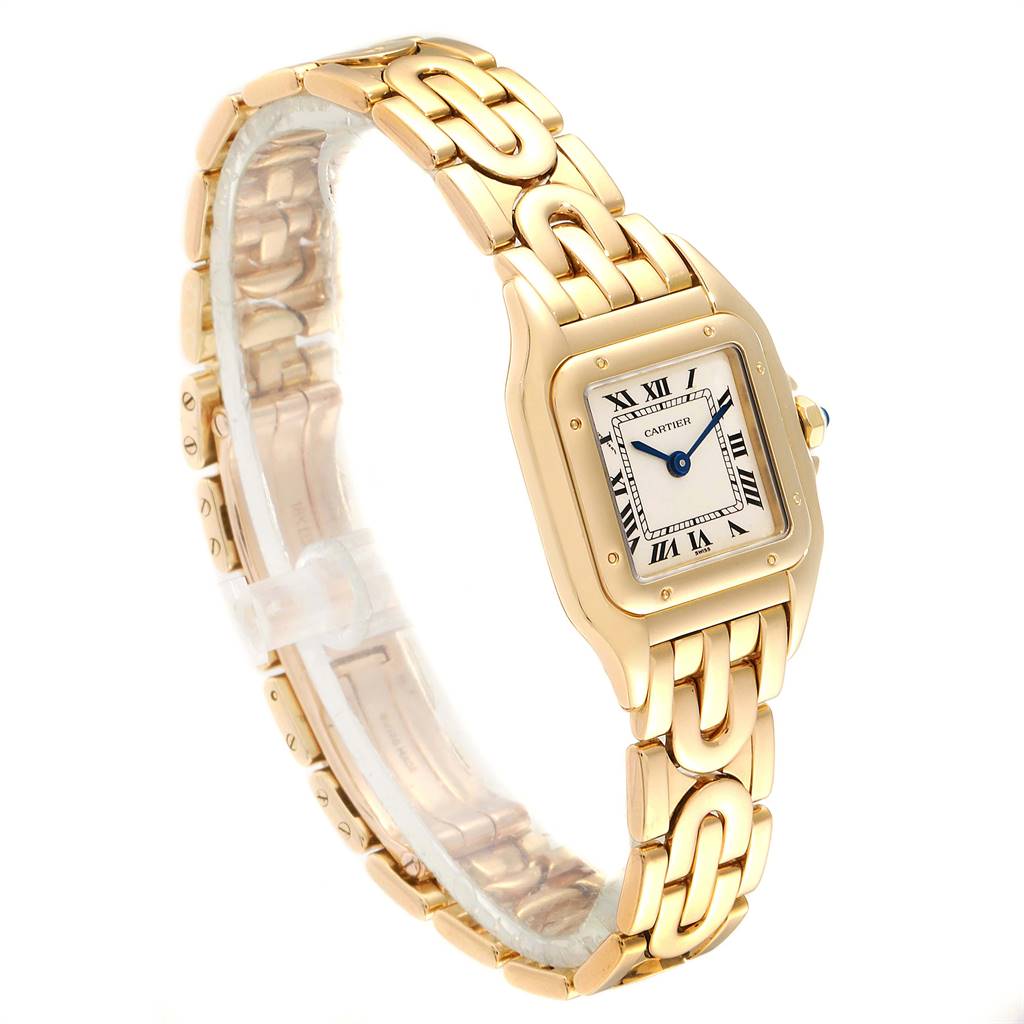 The image shows a Cartier Panthere 107000M Women's Yellow Gold Silver Dial 107000M Women's Yellow Gold Silver Dial watch at a three-quarter angle, highlighting its gold bracelet and square dial with Roman numerals.