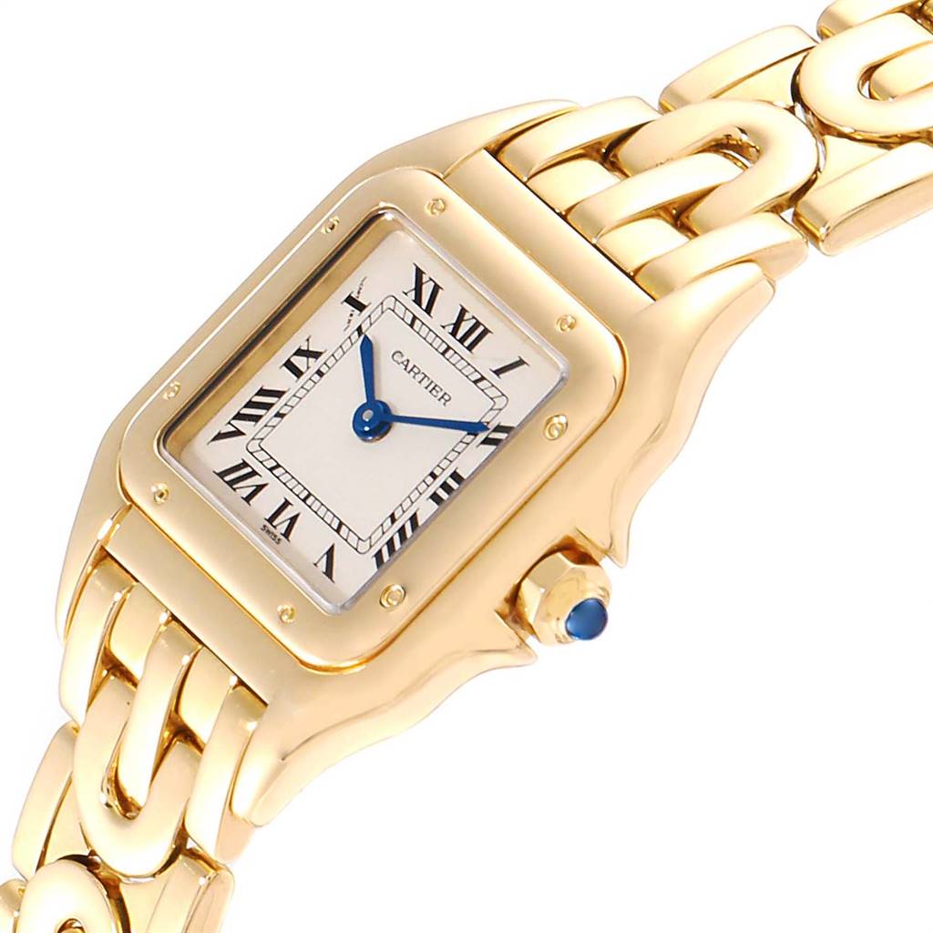 The image shows a close-up angle of a Cartier Panthere 107000M Women's Yellow Gold Silver Dial 107000M Women's Yellow Gold Silver Dial watch, highlighting the face, bezel, and part of the bracelet.