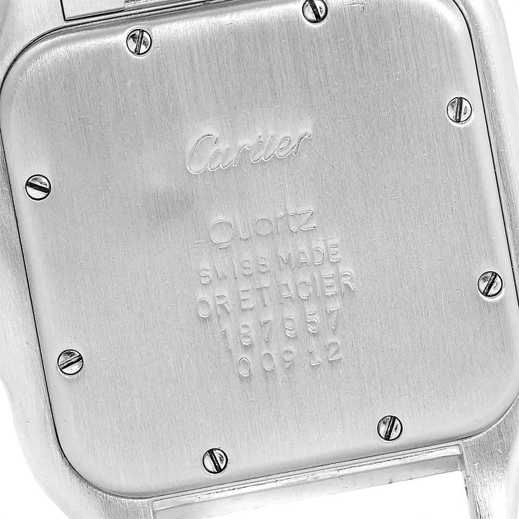 This image shows the case back of a Cartier Panthere 187957 Steel and Gold (two tone) Silver Dial 187957 Steel and Gold (two tone) Silver Dial model watch, focusing on its screws and engravings.