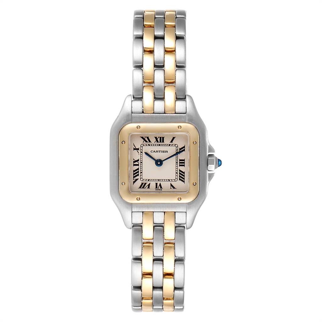 This image shows a top-down view of a Cartier Panthere W25029B6 Women's Stainless Steel Silver Dial W25029B6 Women's Stainless Steel Silver Dial model watch, with a dual-tone bracelet and square face.