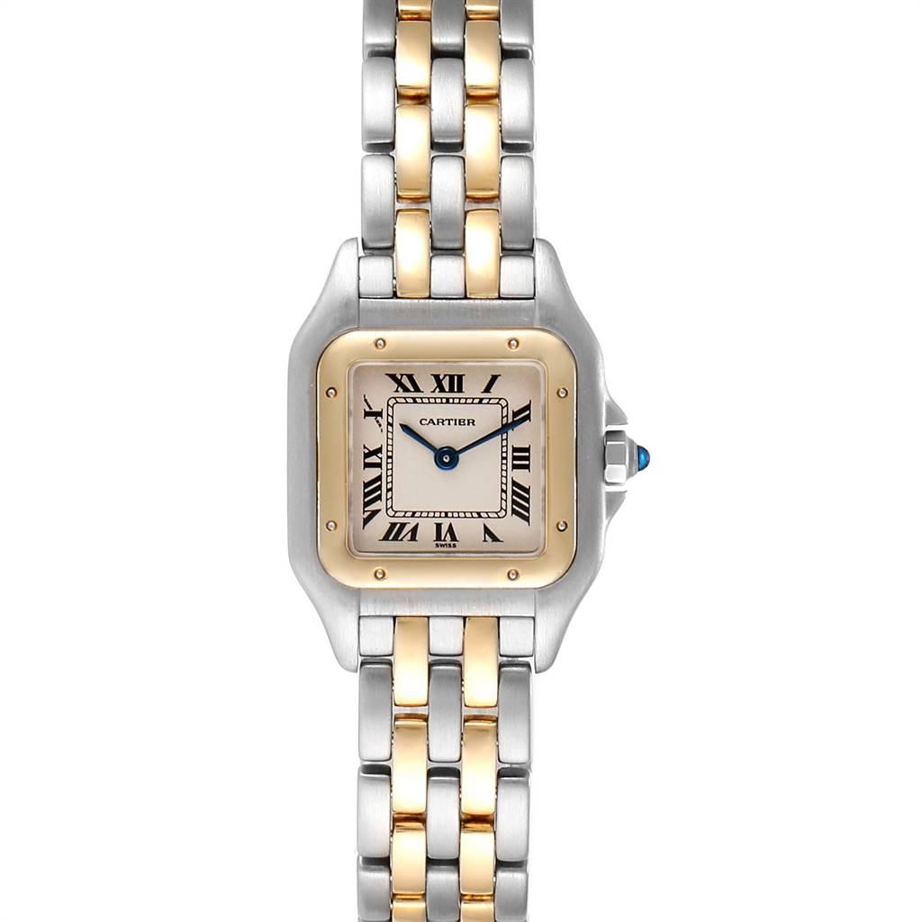 The image shows a front view of the Cartier Panthere W25029B6 Women's Stainless Steel Silver Dial W25029B6 Women's Stainless Steel Silver Dial model watch, focusing on its face and two-tone metal bracelet.