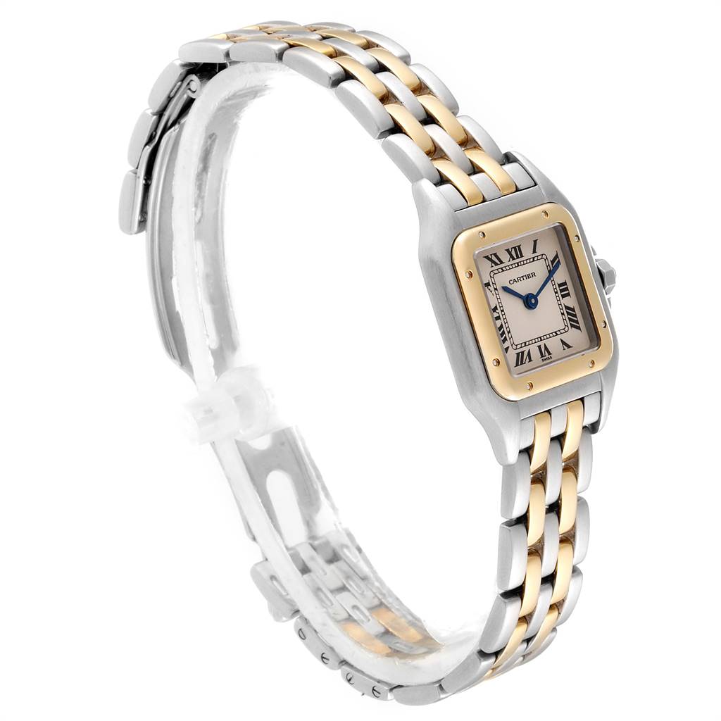 This image shows a Cartier Panthere W25029B6 Women's Stainless Steel Silver Dial W25029B6 Women's Stainless Steel Silver Dial model watch at a slight side angle, highlighting its face and two-tone metal bracelet.