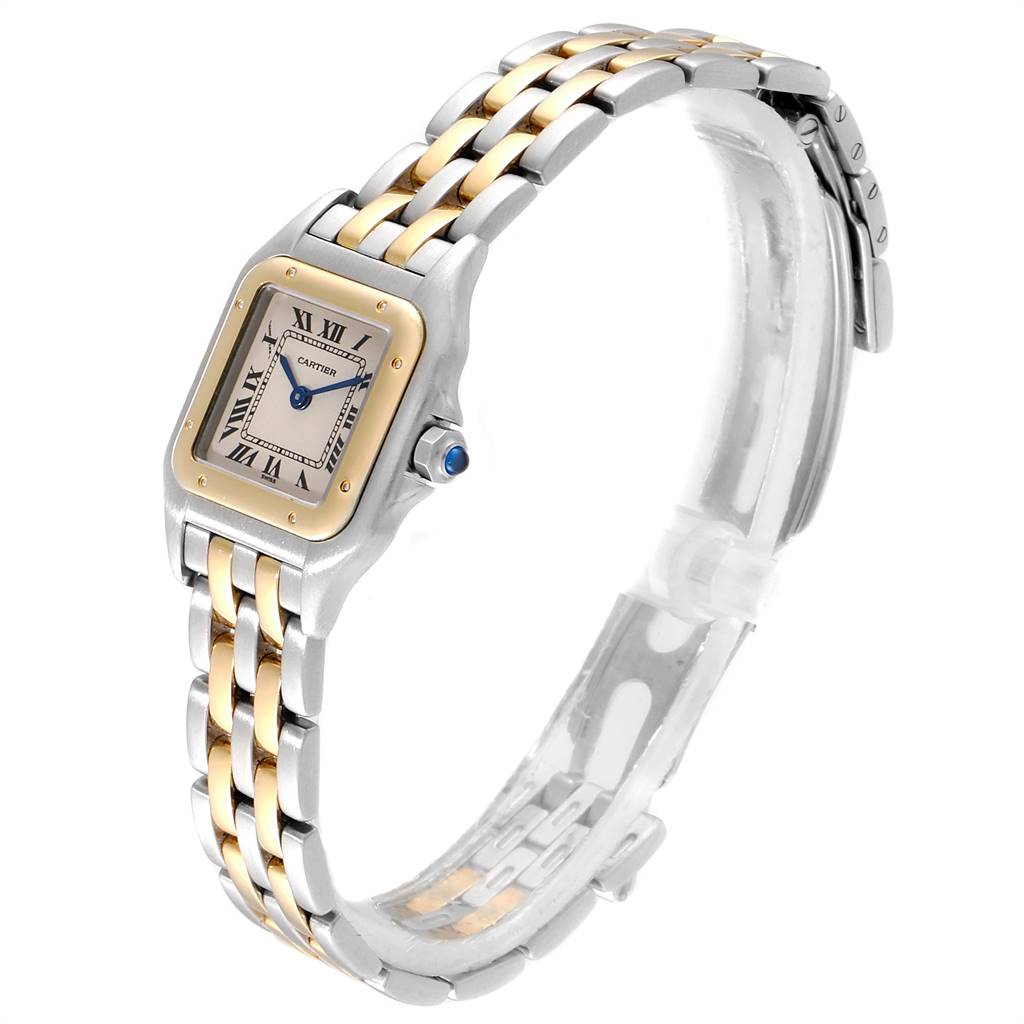 The image shows a Panthere model watch by Cartier at an oblique angle, highlighting its face, crown, and bracelet.