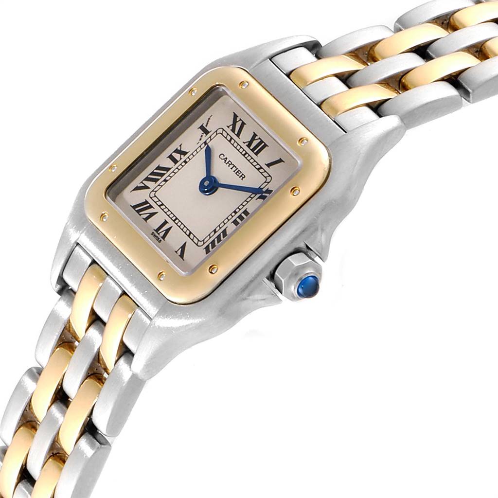 The image shows a Cartier Panthere W25029B6 Women's Stainless Steel Silver Dial W25029B6 Women's Stainless Steel Silver Dial model watch from an angled side view, highlighting the two-tone bracelet, dial, and crown with a blue cabochon.