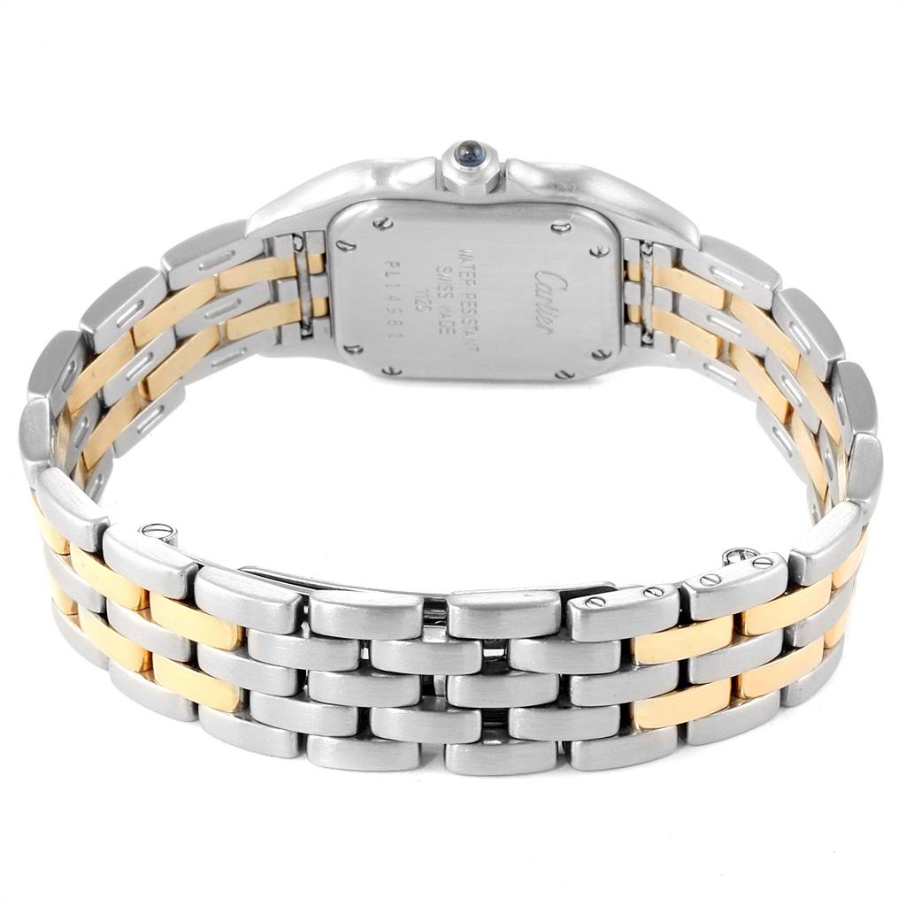 This image shows the back view of a Cartier Panthere W25029B6 Women's Stainless Steel Silver Dial W25029B6 Women's Stainless Steel Silver Dial model watch, highlighting its two-tone metal bracelet.