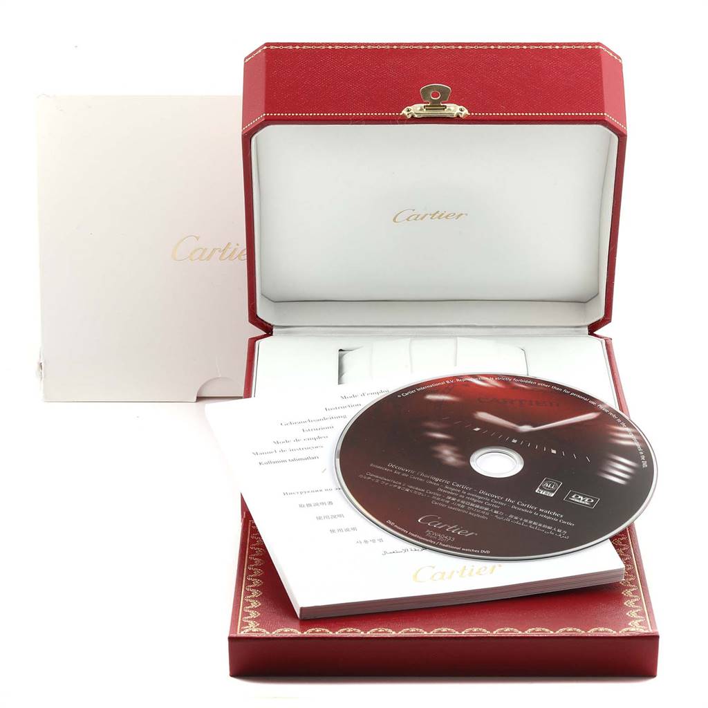 The image shows a Cartier Panthere W25022B9 Women's Yellow Gold Silver Dial W25022B9 Women's Yellow Gold Silver Dial watch box, user manual, warranty card, and a CD, displayed at a slight front angle.
