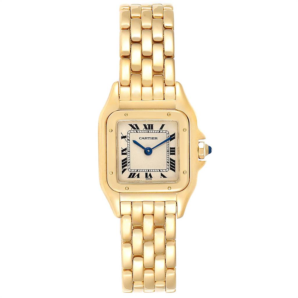 The image shows a front view of a Cartier Panthere W25022B9 Women's Yellow Gold Silver Dial W25022B9 Women's Yellow Gold Silver Dial watch with a gold bracelet and square dial.
