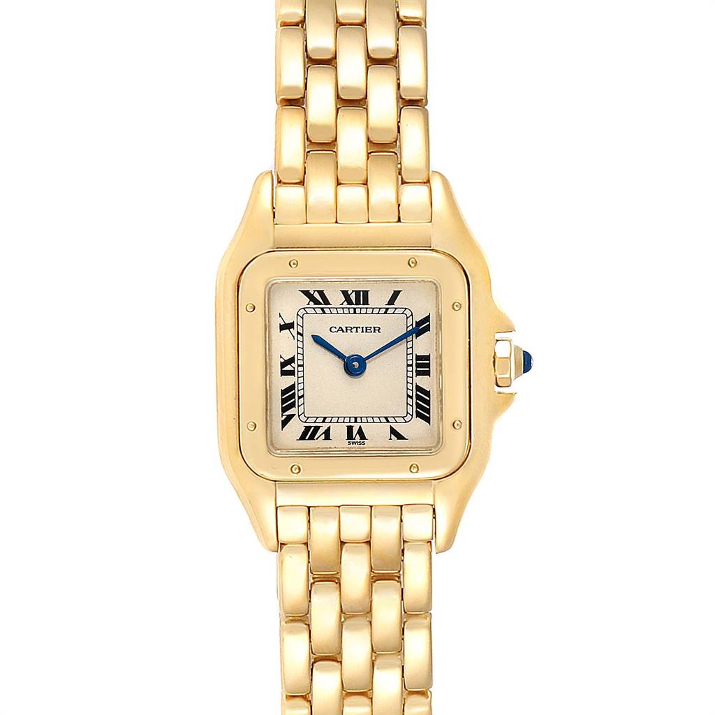 The image shows a head-on angle of a Cartier Panthere W25022B9 Women's Yellow Gold Silver Dial W25022B9 Women's Yellow Gold Silver Dial watch, featuring the dial, bezel, bracelet, and crown.