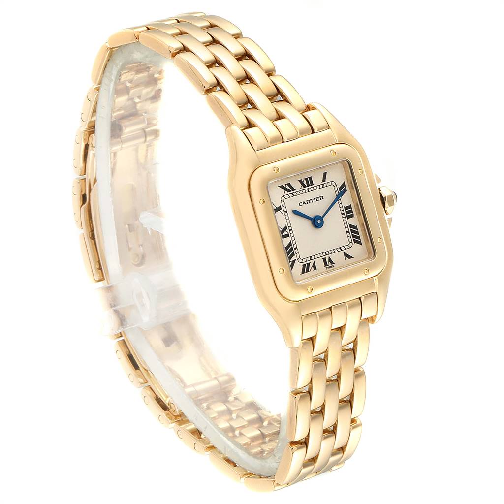 The Cartier Panthere W25022B9 Women's Yellow Gold Silver Dial W25022B9 Women's Yellow Gold Silver Dial watch is shown at a slight angle, highlighting its gold bracelet and square face with Roman numerals.