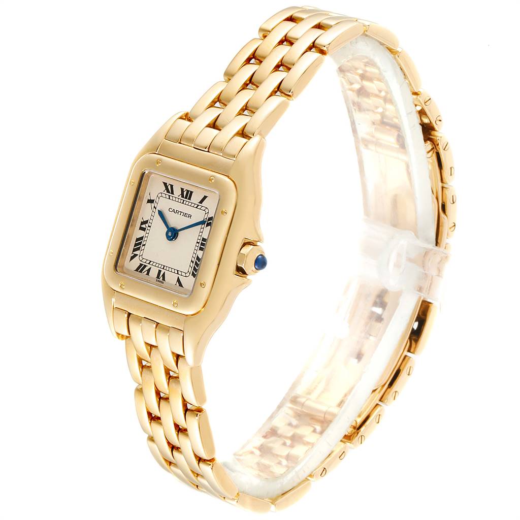 This image shows a side angle of the Cartier Panthere W25022B9 Women's Yellow Gold Silver Dial W25022B9 Women's Yellow Gold Silver Dial watch, highlighting its gold bracelet and square face.