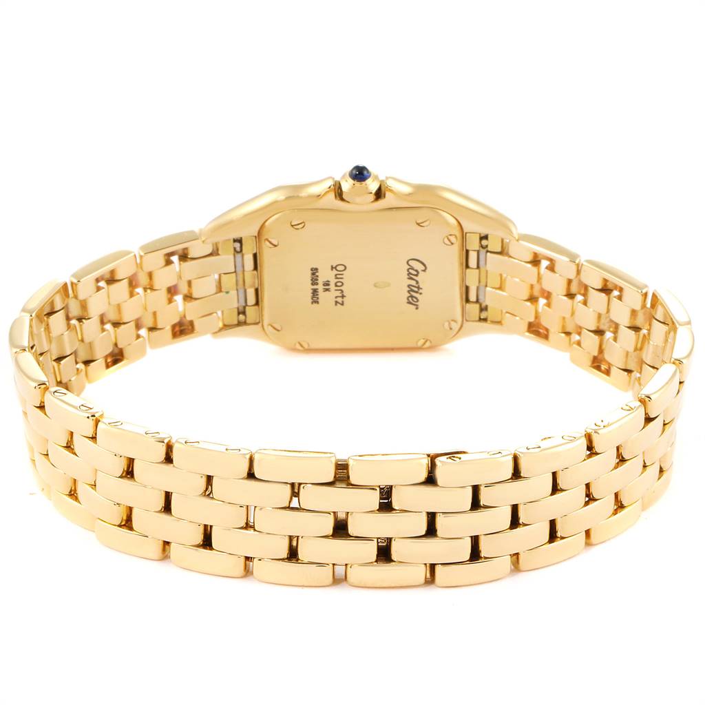 The image shows the back view of a Cartier Panthere W25022B9 Women's Yellow Gold Silver Dial W25022B9 Women's Yellow Gold Silver Dial watch, highlighting the clasp and metal bracelet.