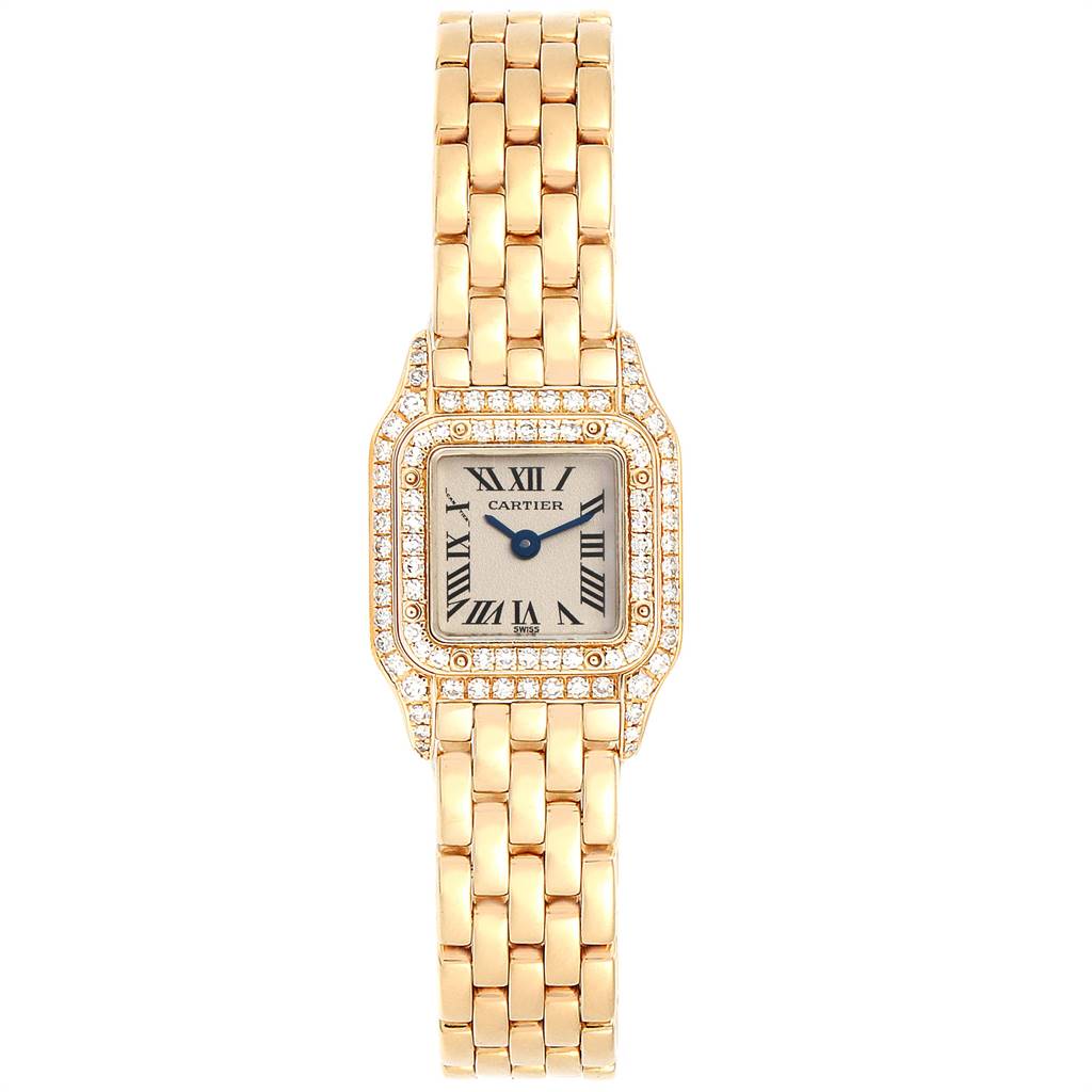 The Cartier Panthere 1131 Women's Yellow Gold Silver Dial 1131 Women's Yellow Gold Silver Dial model watch is shown from a top-down angle, displaying its face, bezel, and gold bracelet.