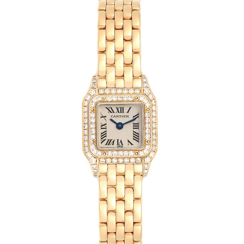 This image shows a front view of the Cartier Panthere 1131 Women's Yellow Gold Silver Dial 1131 Women's Yellow Gold Silver Dial watch, highlighting its gold bracelet and diamond-encrusted square face.