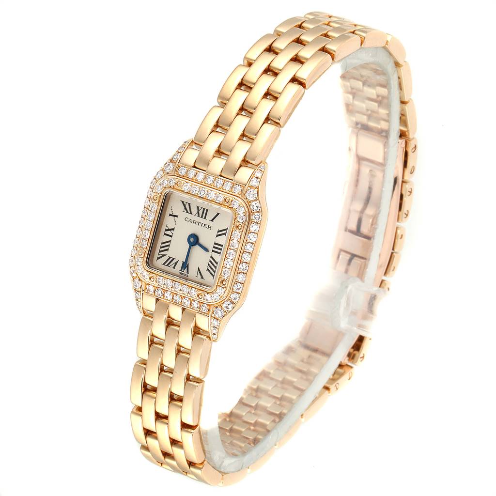 This Cartier Panthere 1131 Women's Yellow Gold Silver Dial 1131 Women's Yellow Gold Silver Dial watch is shown at an angled view, highlighting the face, bracelet, and diamond-accented bezel.