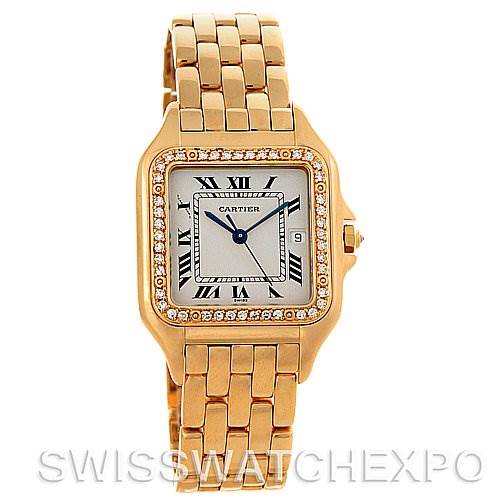 This image shows a front view of the Cartier Panthere Yellow Gold Silver Dial Yellow Gold Silver Dial model watch, highlighting its face, bezel, and bracelet.