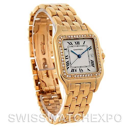 This image shows a side angle of the Cartier Panthere Yellow Gold Silver Dial Yellow Gold Silver Dial watch, highlighting its gold bracelet and diamond-set bezel.