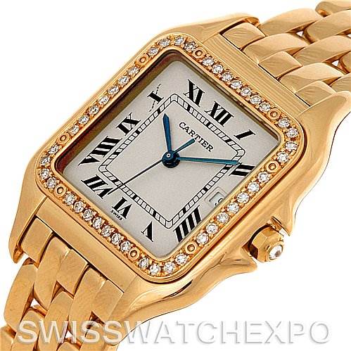 The image shows a Cartier Panthere Yellow Gold Silver Dial Yellow Gold Silver Dial model watch from an angled top view, highlighting the watch face and metallic bracelet.