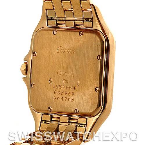 This image shows the back view of a Cartier Panthere Yellow Gold Silver Dial Yellow Gold Silver Dial watch, highlighting the case back and bracelet links.