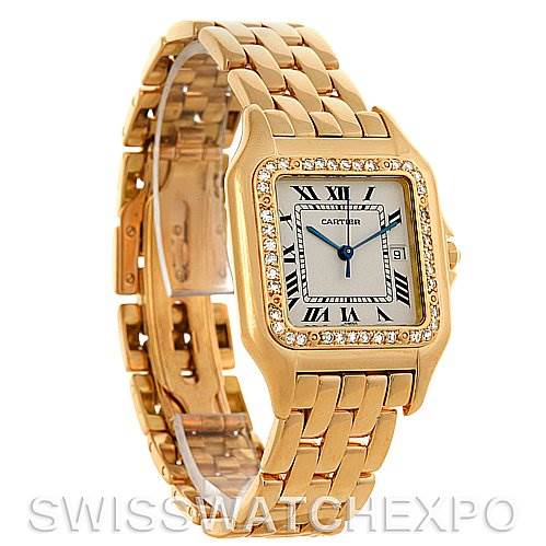The image shows a Panthere model by Cartier from an angled front view, highlighting the watch face, bezel, and gold bracelet.