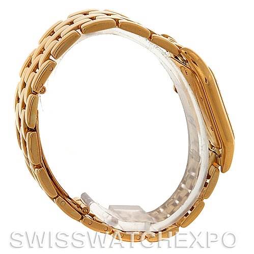 The Cartier Panthere Yellow Gold Silver Dial Yellow Gold Silver Dial watch is shown from a side angle highlighting its gold bracelet and case.
